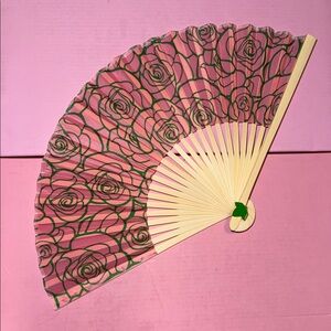 Pink and Green Floral Hand Fan with Ivy Decoration